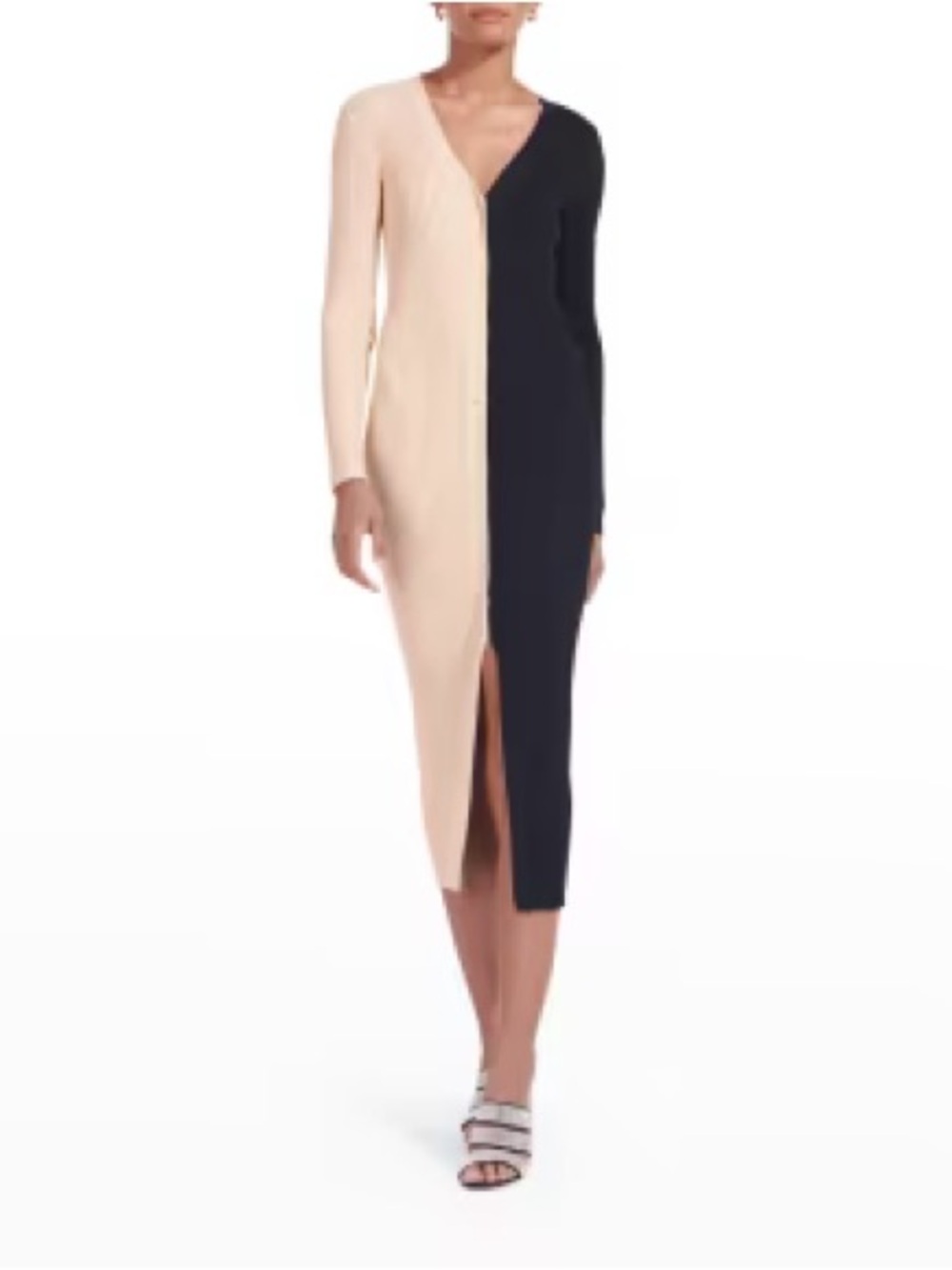STAUD Two-Tone Beige and Black V-Neck Midi Dress